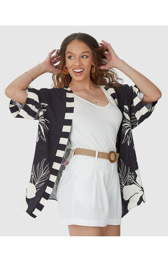 Kimono Amplo Feminino Estampado Em Viscose - Preto - U