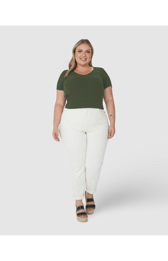 Blusa Básica Feminina Plus Size Decote V Em Canelado De Viscose