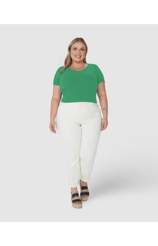 Blusa Básica Feminina Plus Size Decote V Em Canelado De Viscose
