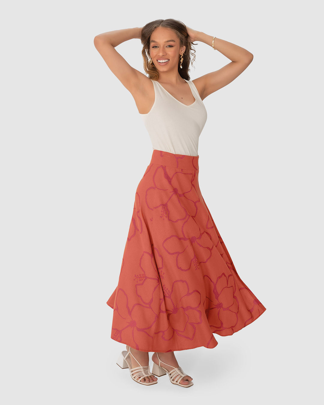 Saia Midi Feminina Estampada Fivela Lateral Em Viscolinho - Imagem 7