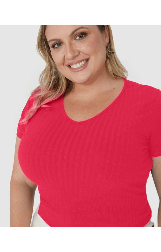 Blusa Básica Feminina Plus Size Decote V Em Canelado De Viscose