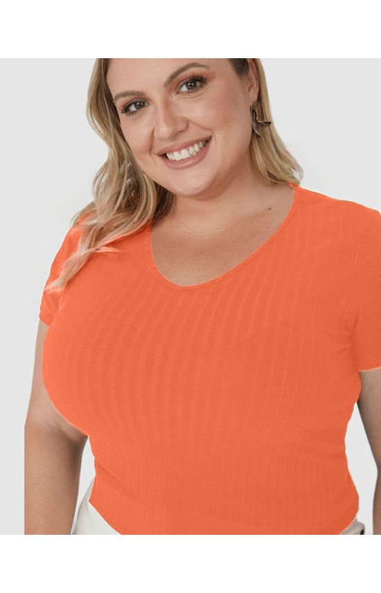 Blusa Básica Feminina Plus Size Decote V Em Canelado De Viscose