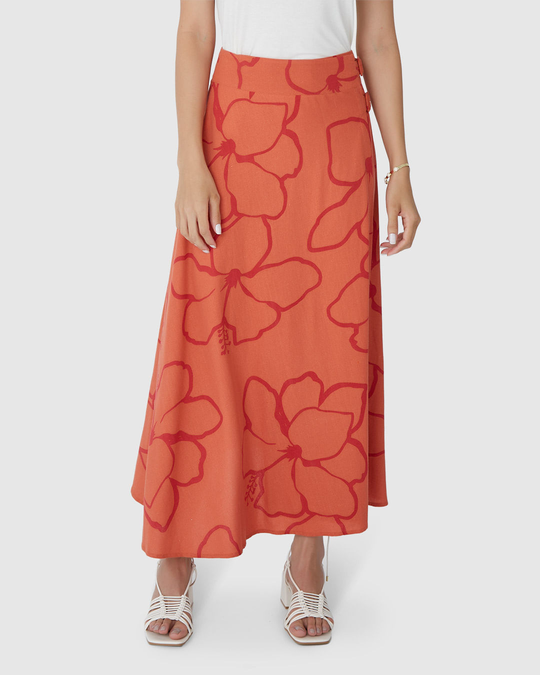 Saia Midi Feminina Estampada Fivela Lateral Em Viscolinho - Imagem 9