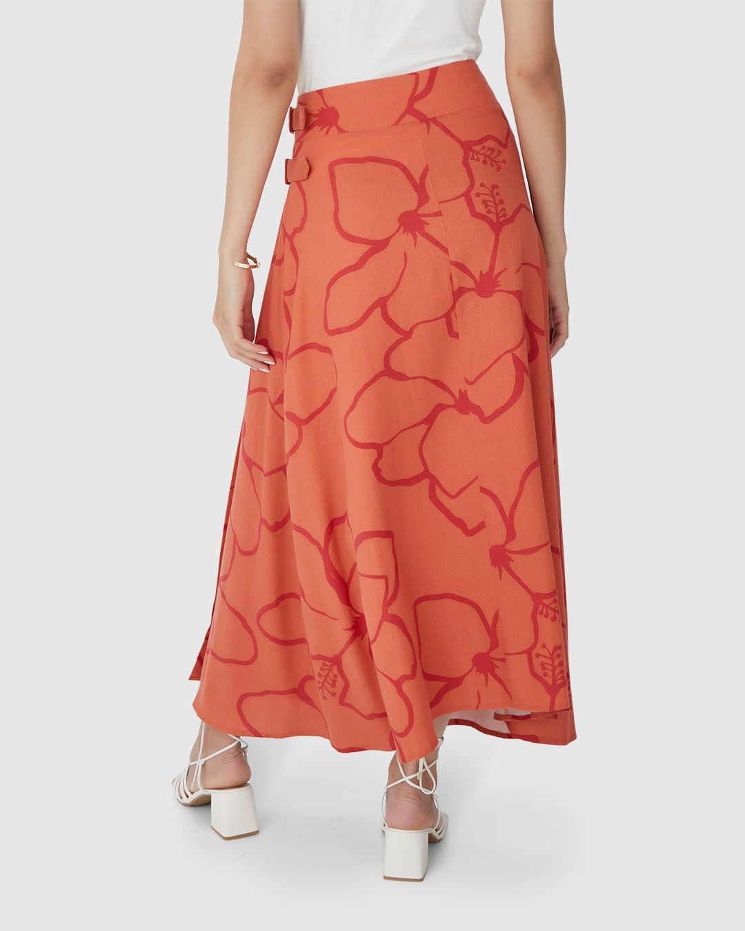 Saia Midi Feminina Estampada Fivela Lateral Em Viscolinho - Imagem 5