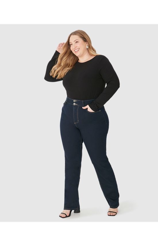 Calça Feminina Plus Size Reta Cintura Média Em Flex Jeans