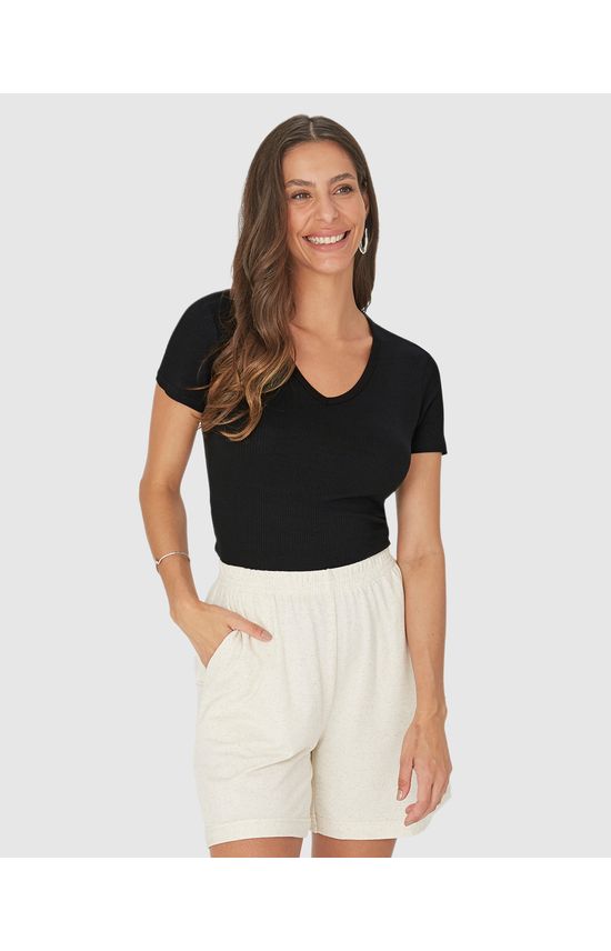Blusa Básica Feminina Decote V Em Malha Canelada