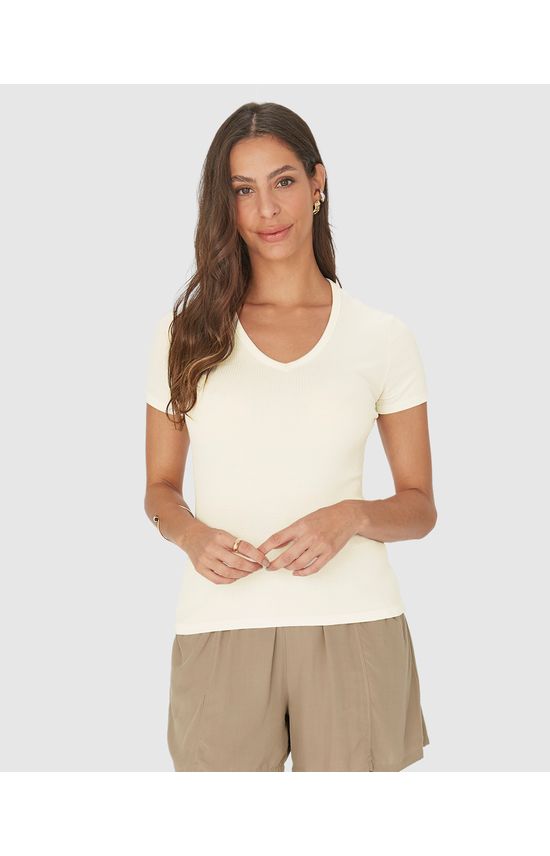 Blusa Básica Feminina Decote V Em Malha Canelada
