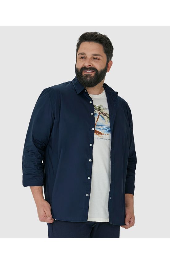 Camisa Básica Masculina Plus Size Manga Longa Em Tricoline