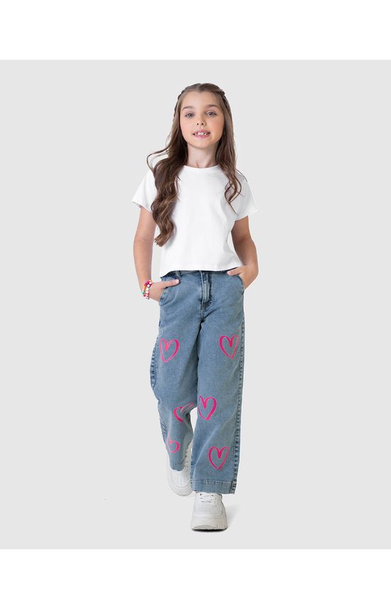 Calça Infantil Menina Wide Leg Desenho Corações Em Jeans Moletom Malwee Kids