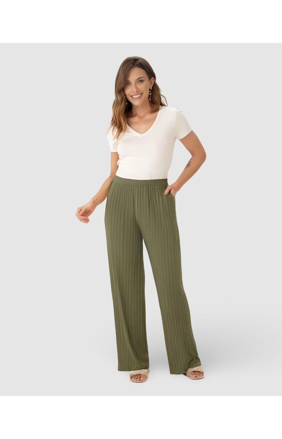 Calça Wide Leg Feminina Cintura Alta Em Malha Canelada De Viscose