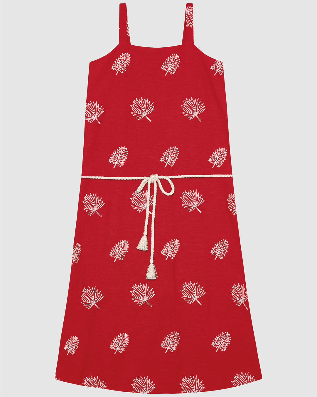 Vestido Midi Feminino Cinto De Corda Em Tecido Bordado