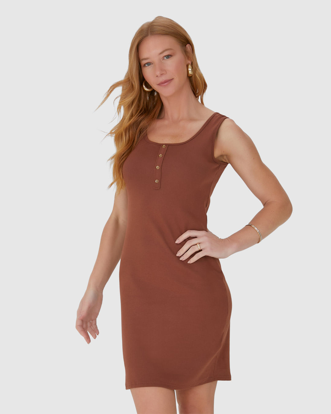 Vestido Feminino Botões Frontais Em Malha Algodão