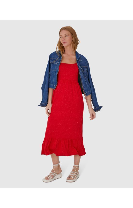 Vestido Midi Feminino Alça Babado Em Viscose Stretch