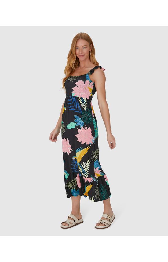 Vestido Midi Feminino Alça Babado Em Viscose Stretch