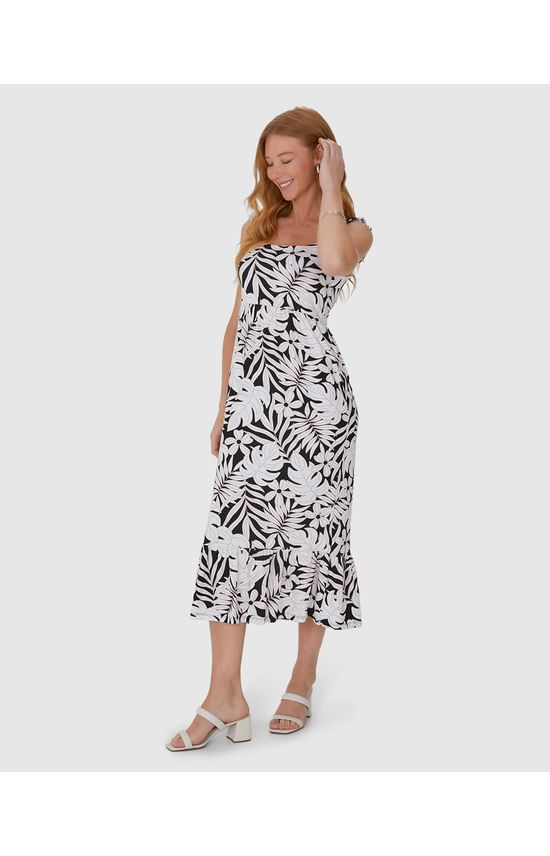 Vestido Midi Feminino Alça Babado Em Viscose Stretch