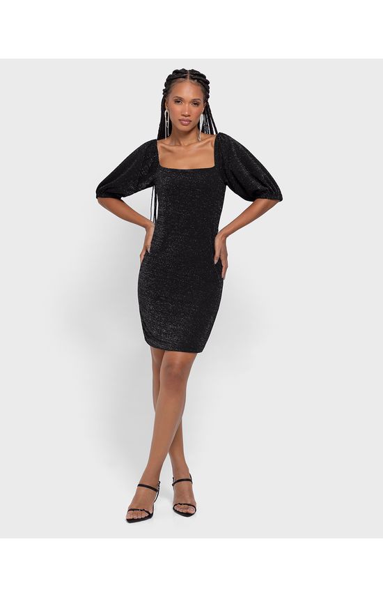 Vestido Justo Feminino Manga Bufante Em Malha Crepe Lurex - ENFIM