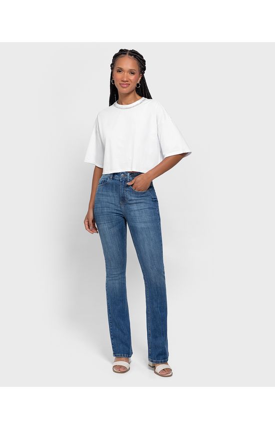 T-Shirt Cropped Feminina Gola Com Strass Em Algodão - ENFIM