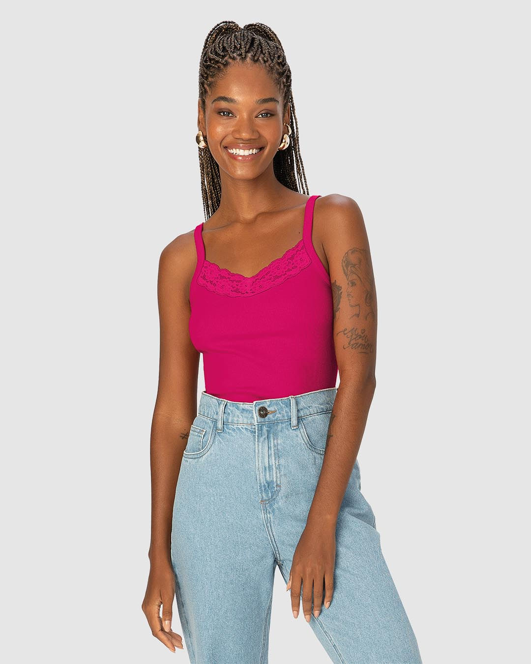 Regata Básica Feminina em Ribana com Renda - Rosa - P