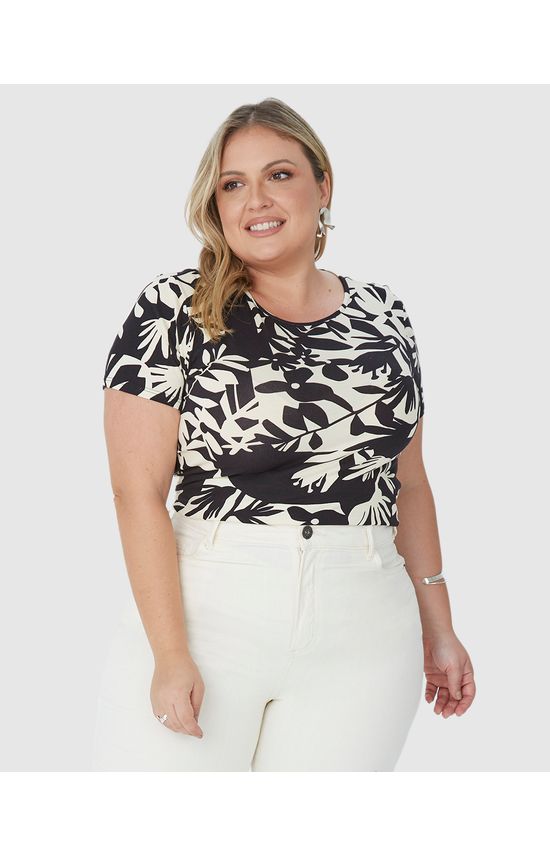 Blusa Feminina Plus Size Manga Curta Floral Em Viscose Stretch