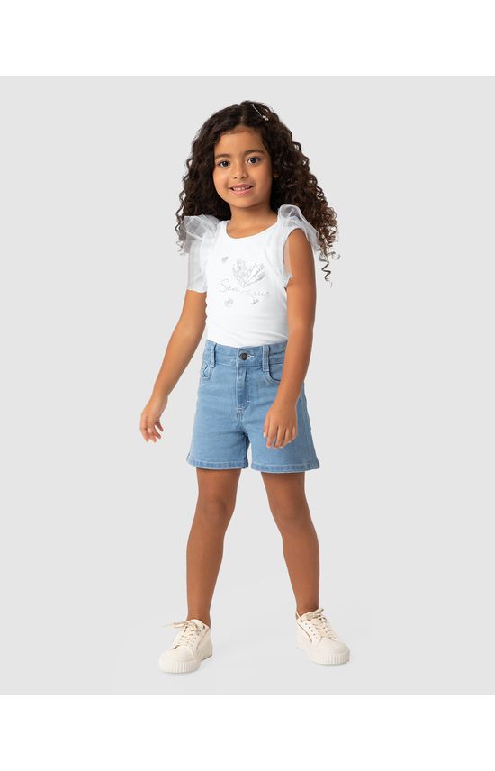 Conjunto Menina Blusa Com Manga Em Tule E Shorts Jeans - Carinhoso