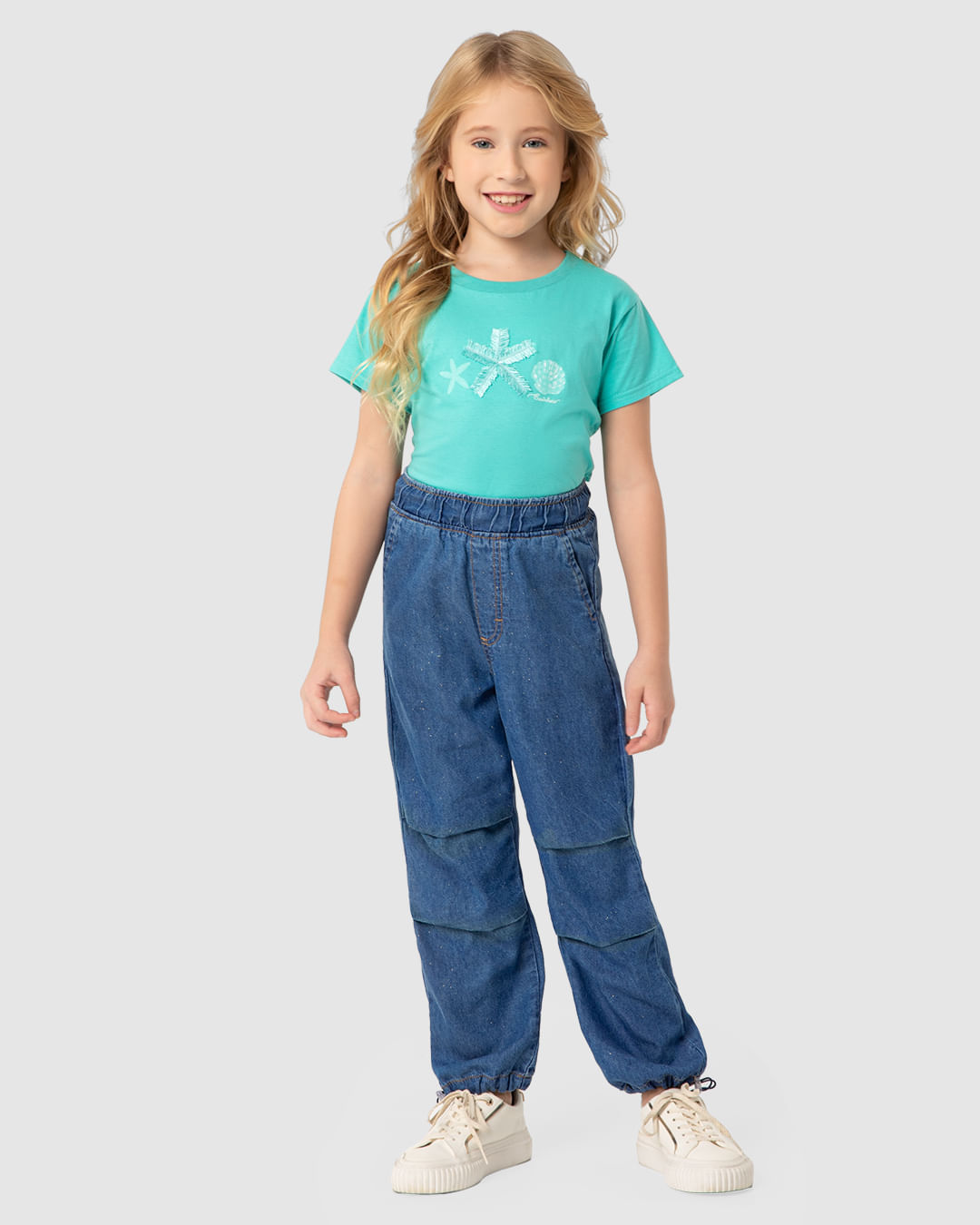 Calça Menina Parachute Cintura Média em Jeans Leve - Carinhoso