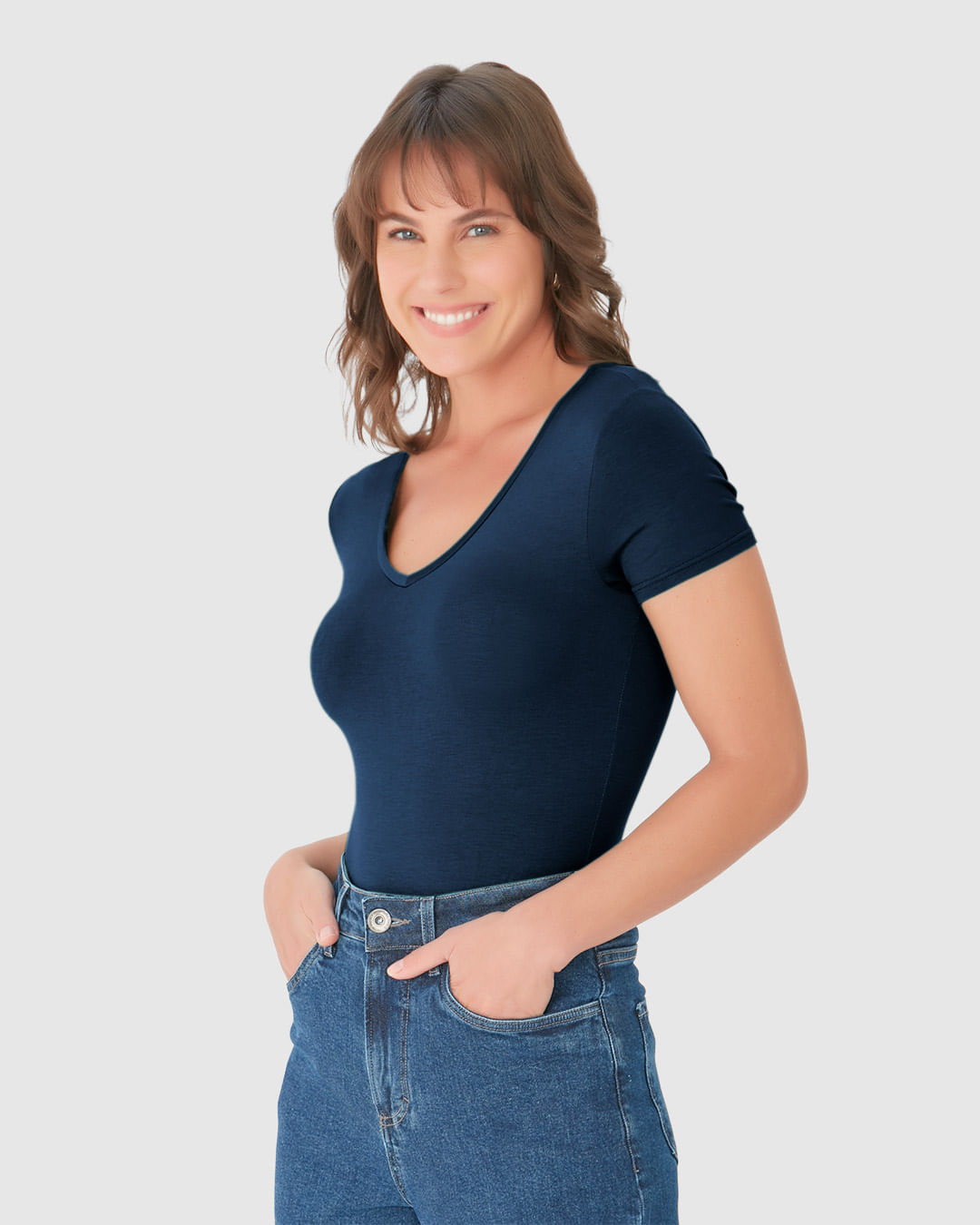 Blusa Básica Feminina Decote V Em Viscose Stretch - Imagem 16