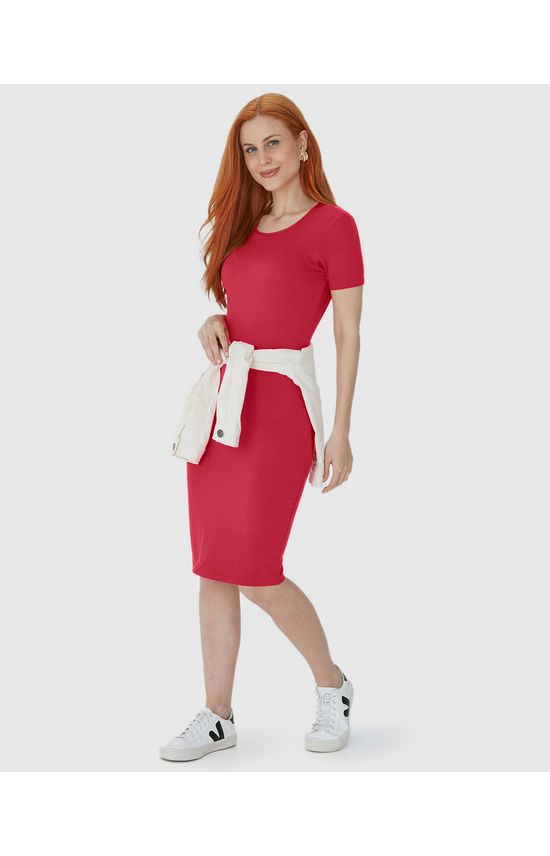 Vestido Básico Feminino Manga Curta Em Viscose Stretch
