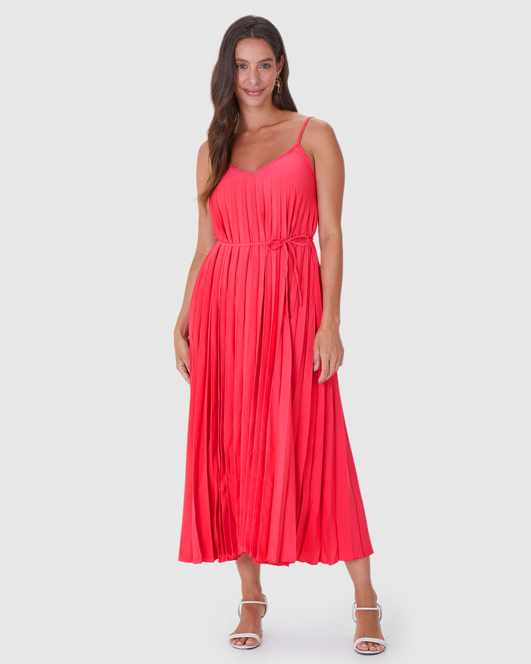 Vestido Midi Feminino Decote V Alça Fina Em Tecido Plissado