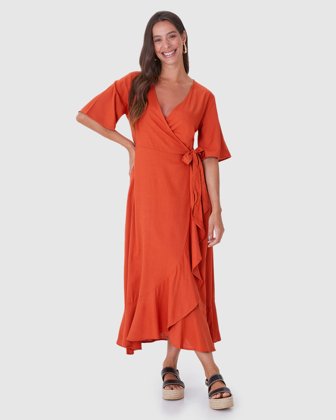 Vestido Midi Feminino Transpassado Amarração Funcional Em Viscolinho