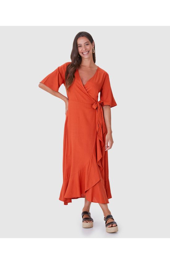 Vestido Midi Feminino Transpassado Amarração Funcional Em Viscolinho