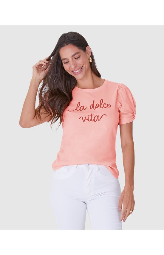 Camiseta Feminina Estampa La Dolce Vita Relevo Em Algodão