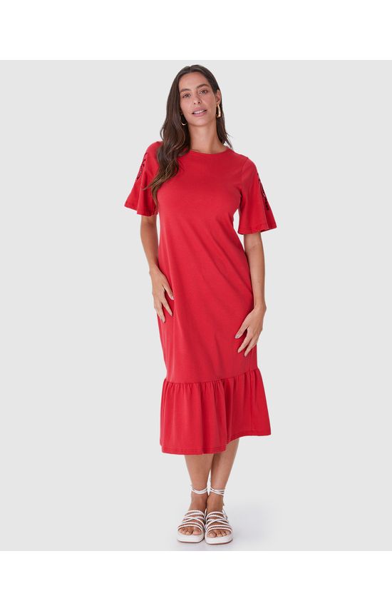 Vestido Midi Feminino Bordado Na Manga Em Malha Algodão Comfy