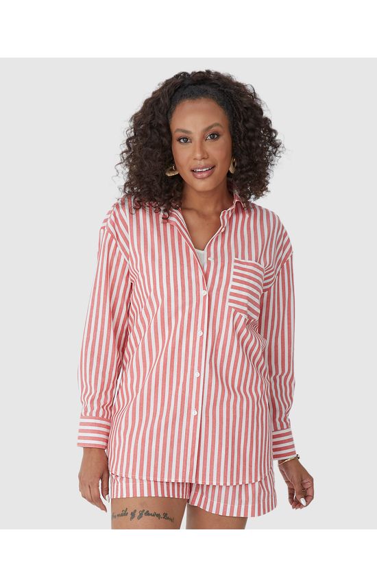 Camisa Ampla Feminina Listrada Bolso Frontal Em Algodão