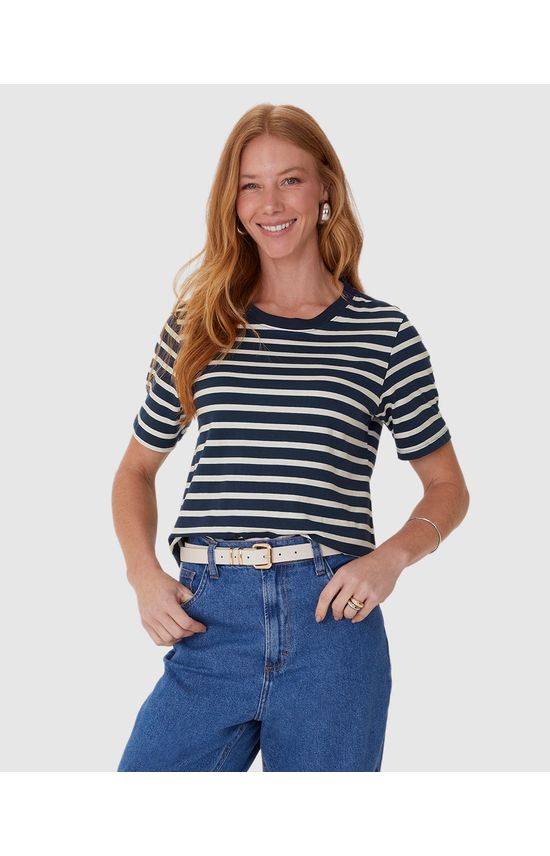 Blusa Feminina Listrada Manga Curta Em Algodão