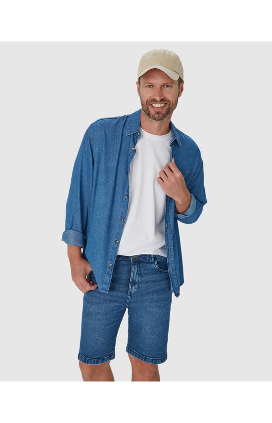 Bermuda Masculina Slim Cintura Média Em Jeans Com Elastano