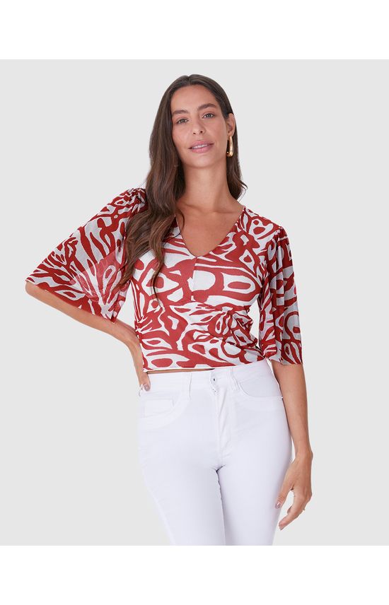 Blusa Cropped Feminina Estampada Decote V Em Tule Stretch