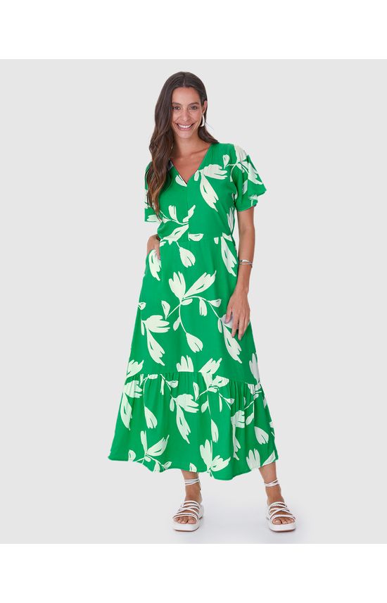 Vestido Midi Feminino Evasê Estampado Em Viscose