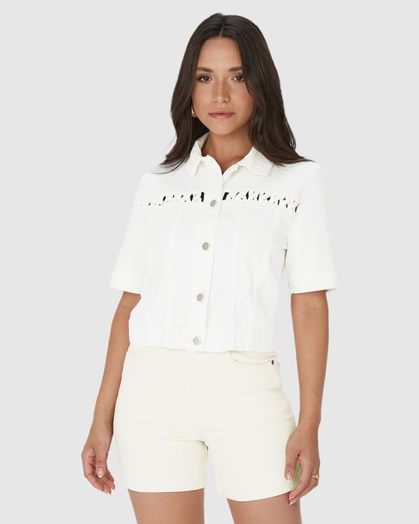 Shirt Jacket Feminina Manga Curta Em Sarja 100% Algodão Off White - M