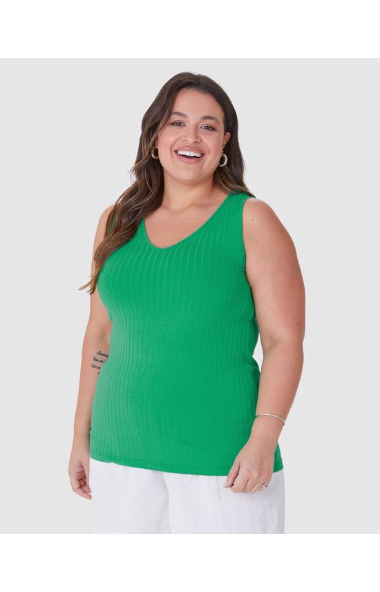 Regata Básica Feminina Plus Size Decote V Em Canelado De Viscose
