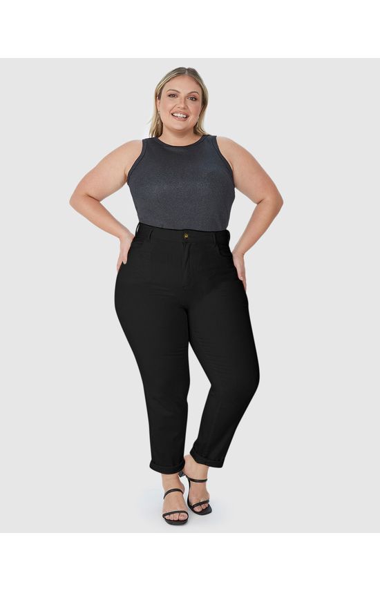 Calça Feminina Plus Size Mom Cintura Alta Em Sarja Com Elastano