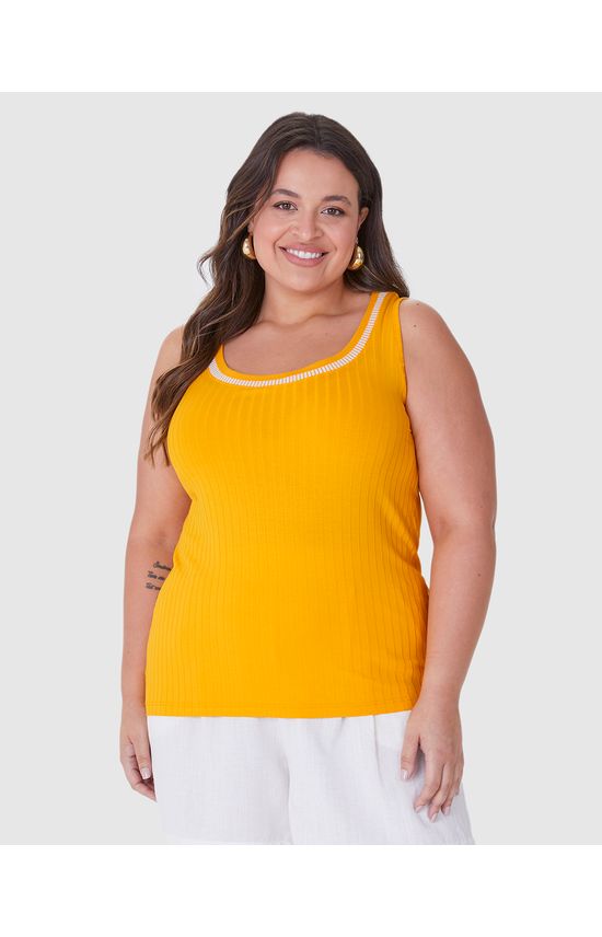 Regata Básica Feminina Plus Size Decote Retilínea Em Malha Viscose Canelada