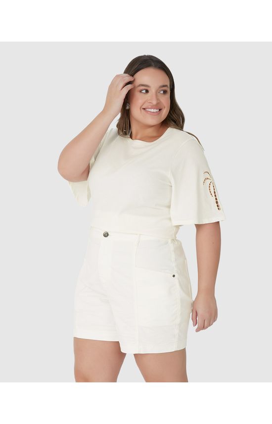 Blusa Feminina Plus Size Bordado Na Manga Em Algodão