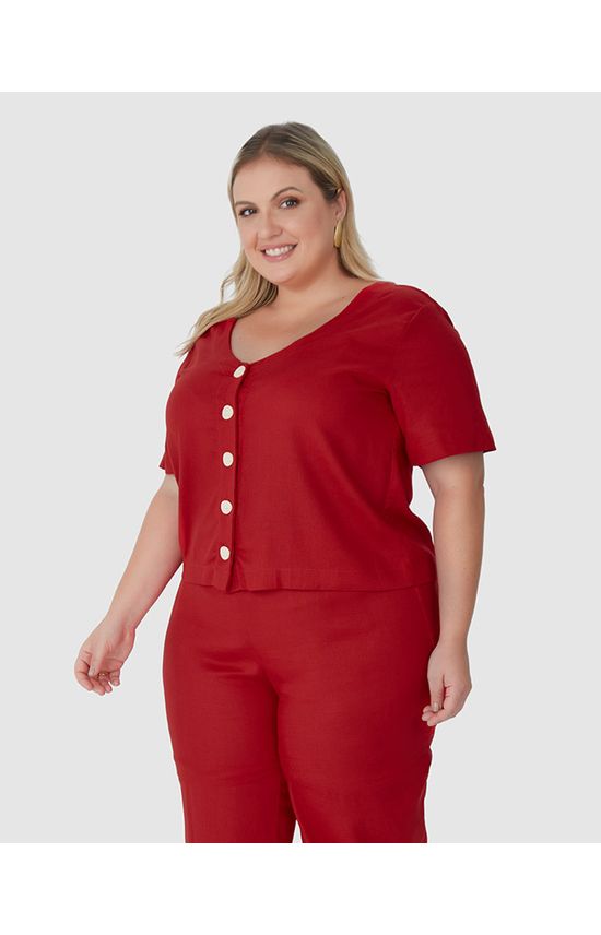 Camisa Feminina Plus Size Decote V Em Viscolinho