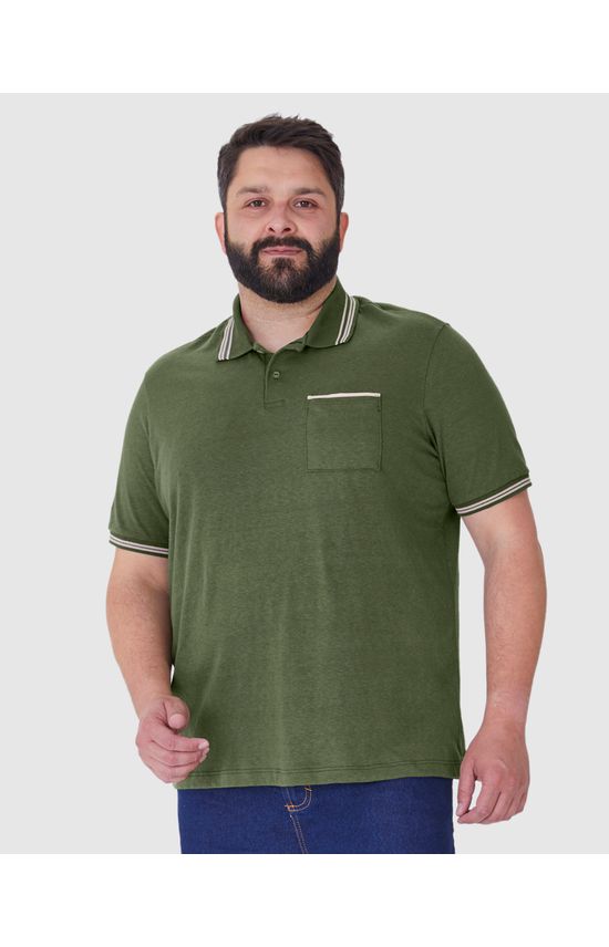 Camisa Polo Masculina Plus Size Bolso Frontal Em Malha Linho