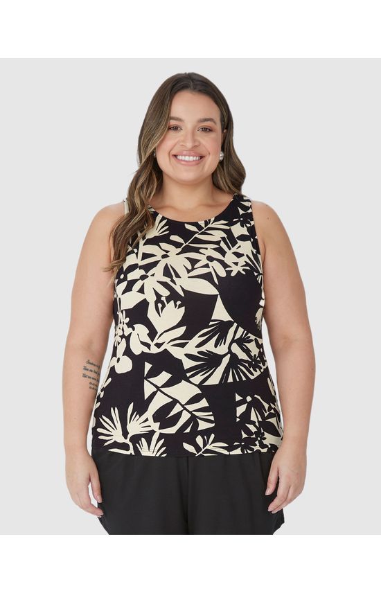 Regata Feminina Plus Size Reta Folhagem Em Viscose Stretch