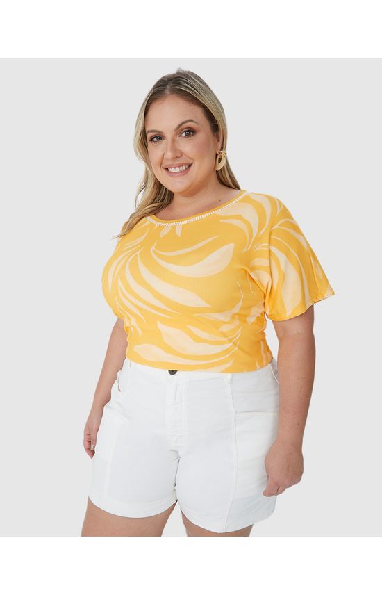 Blusa Feminina Plus Size Estampada Gola Retilínea Em Malha Canelada