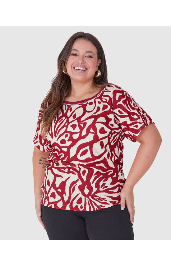 Blusa Feminina Plus Size Estampada Gola Retilínea Em Malha Canelada