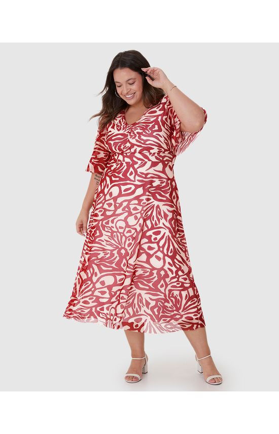 Vestido Longo Feminino Plus Size Estampado Decote V Em Tule Stretch