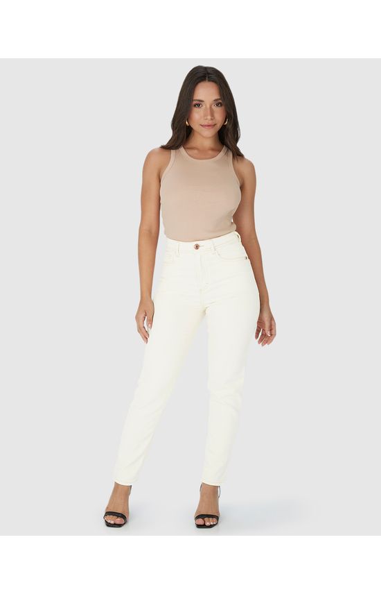 Calça Feminina Mom Cintura Alta Em Sarja Com Elastano