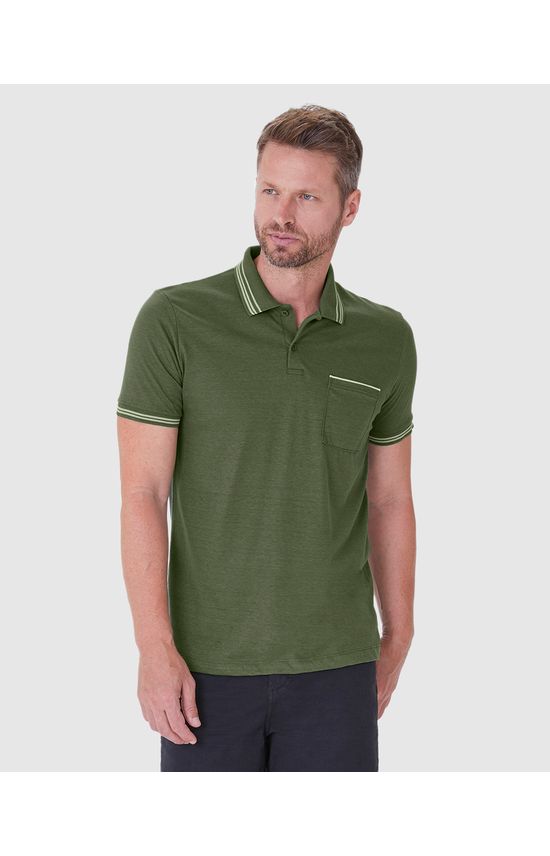 Camisa Polo Masculina Regular Bolso Frontal Em Malha Linho
